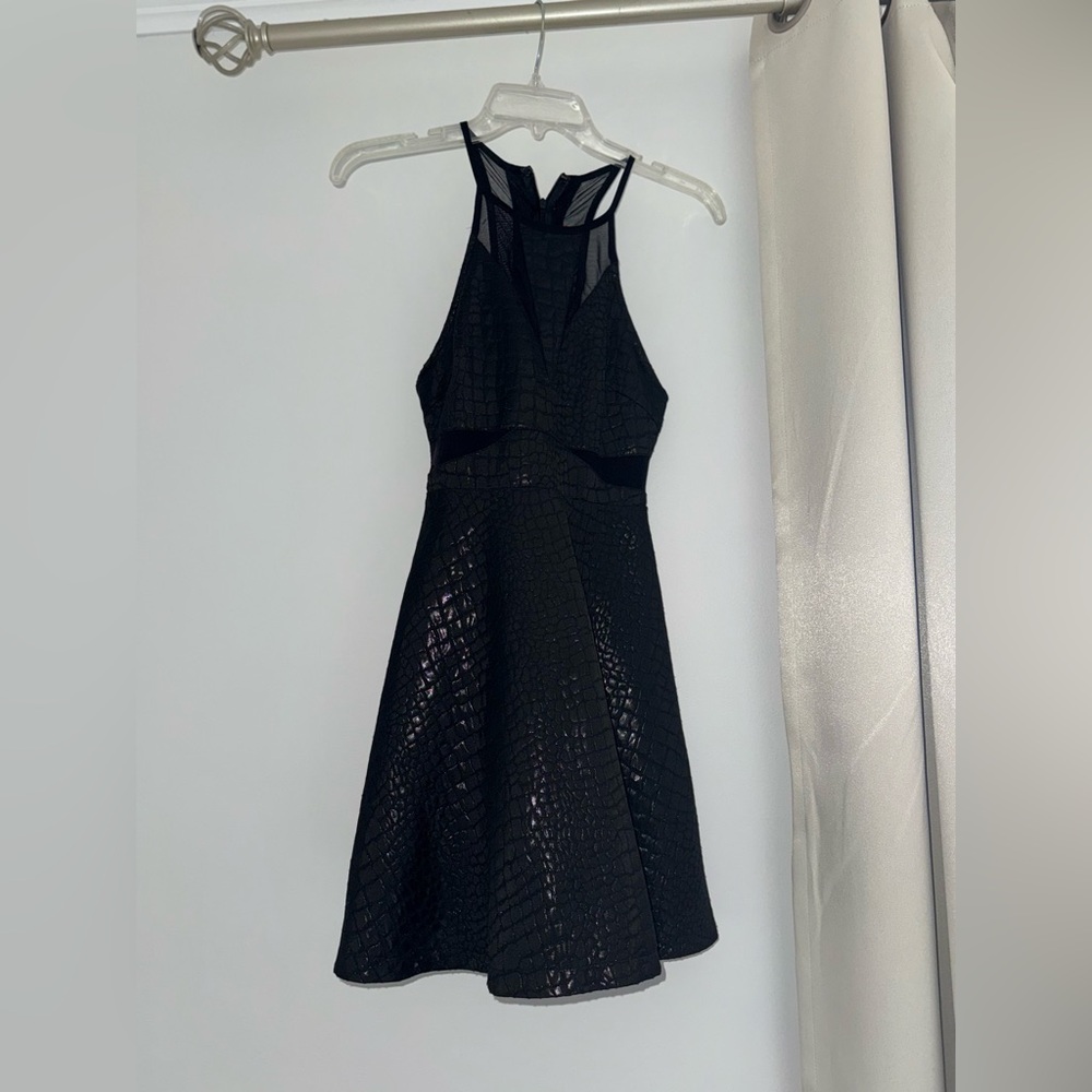 Black Textured Fit-and-Flare Halter Dress